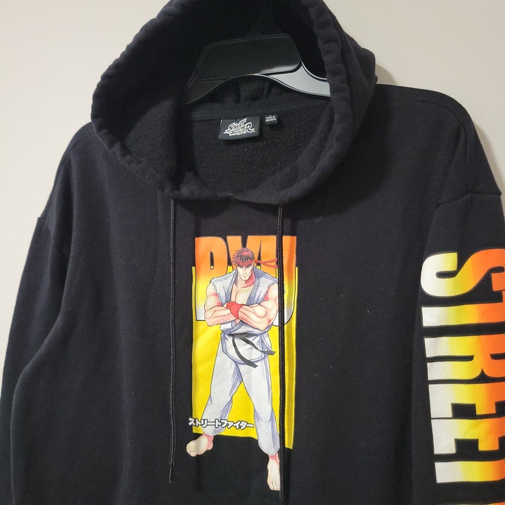 Street Fighter Hoodie Mens L Black Ryu Graphic Print Long Sleeve Gaming Casual